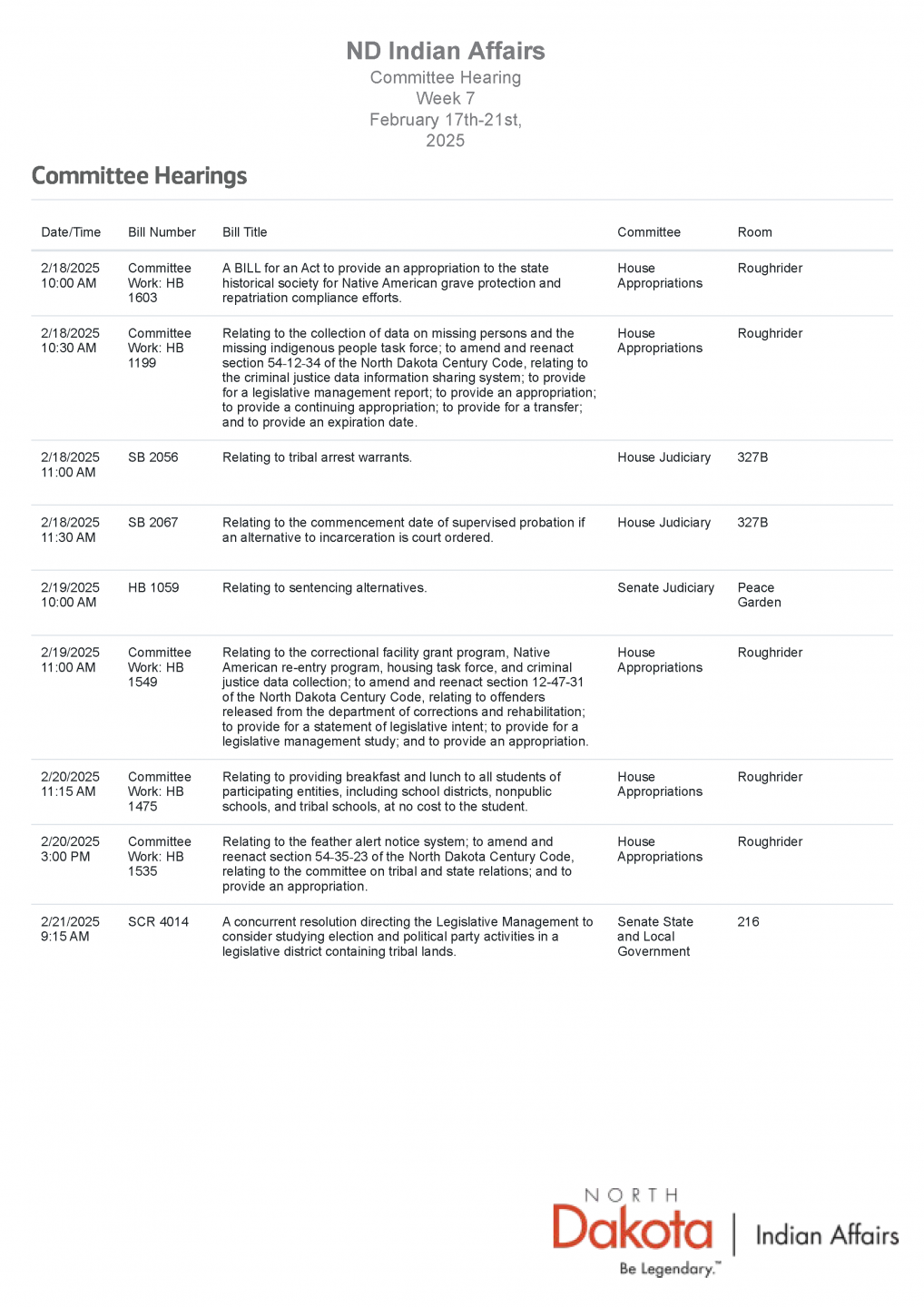 Hearing for week of February 17, 2025